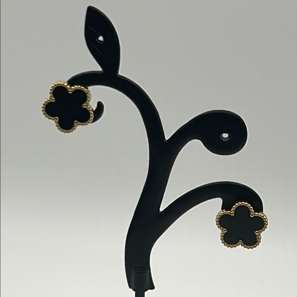 Stainless Steel - Gold and Black Clover Earrings